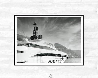 Monaco Harbour Print - Super Yacht - Monaco Poster - Black and White - Living room office home decor  - A4 A3 A2  - Festival Merch