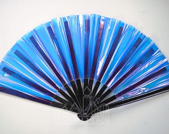Iridescent Hand Fan XL Bamboo | Festival Merch | Vinyl Shimmer Clack Fan | EDM Rave accessories | Pride Festival | Holographic Ibiza Holiday