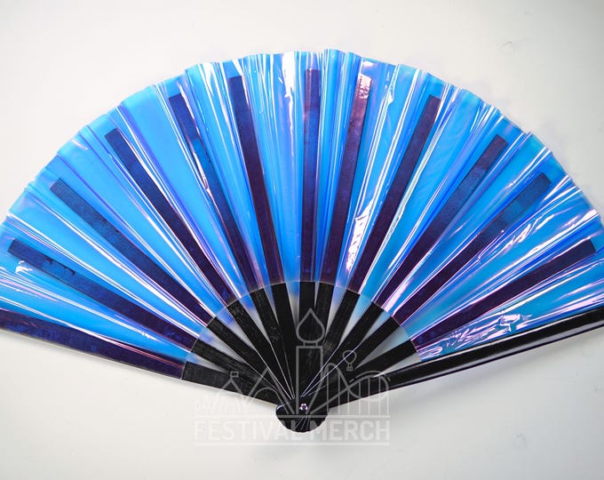 Iridescent Hand Fan XL Bamboo | Festival Merch | Vinyl Shimmer Clack Fan | EDM Rave accessories | Pride Festival | Holographic Ibiza Holiday