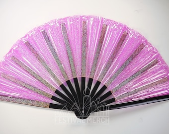 Iridescent Hand Fan XL Bamboo | Festival Merch | Vinyl Shimmer Clack Fan | EDM Rave accessories | Pride Festival | Holographic Ibiza Holiday