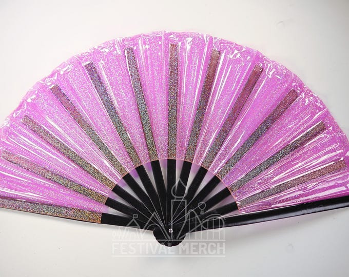 Iridescent Hand Fan XL Bamboo | Festival Merch | Vinyl Shimmer Clack Fan | EDM Rave accessories | Pride Festival | Holographic Ibiza Holiday