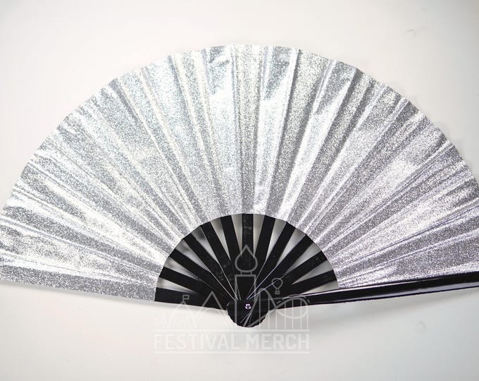 Iridescent Hand Fan XL Bamboo | Festival Merch | Vinyl Shimmer Clack Fan | EDM Rave accessories | Pride Festival | Holographic Ibiza Holiday