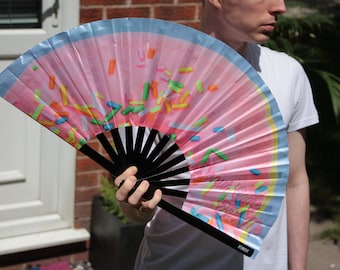 Clack Fan - Hand Fan LARGE | Ru Pauls drag race inspired Folding Fan UV Fabric Donut - perfect for dragcon UK Giant Hand fan  Festival merch