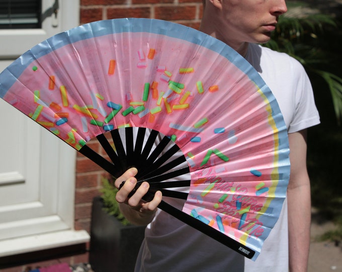 Clack Fan - Hand Fan LARGE | Ru Pauls drag race inspired Folding Fan UV Fabric Donut - perfect for dragcon UK Giant Hand fan  Festival merch