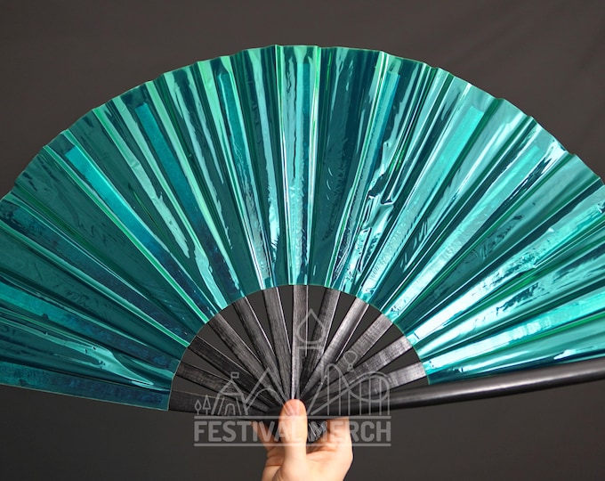 Iridescent Hand Fan XL Bamboo | Festival Merch | Vinyl Shimmer Clack Fan | EDM Rave accessories | Pride Festival | Holographic Ibiza Holiday