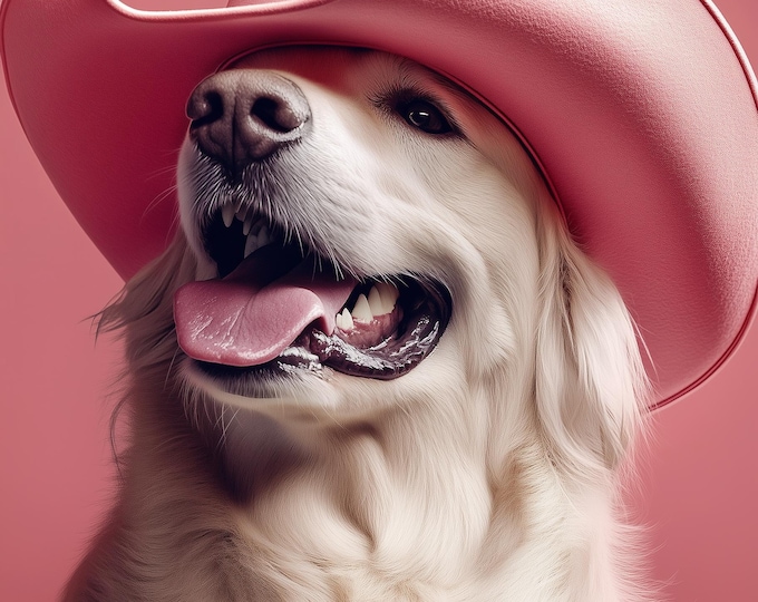Funny Animal Wall Art Labrador Dog wearing cowboy hat cowgirl hat Tropical - A4 A3 A2 - Festival Merch