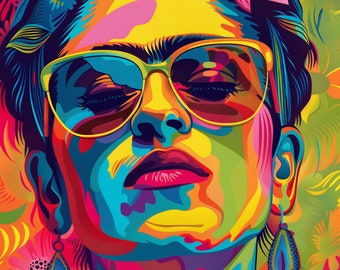 Frida Khalo Colourful Portrait Wall Art Print Famous Faces Celebrity  - A4 A3 A2 - Festival Merch