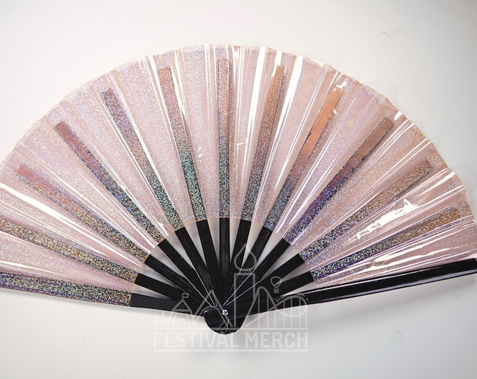 Iridescent Hand Fan XL Bamboo | Festival Merch | Vinyl Shimmer Clack Fan | EDM Rave accessories | Pride Festival | Holographic Ibiza Holiday