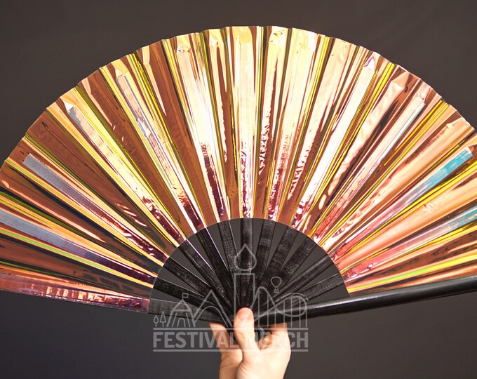 Iridescent Hand Fan XL Bamboo | Festival Merch | Vinyl Shimmer Clack Fan | EDM Rave accessories | Pride Festival | Holographic Ibiza Holiday