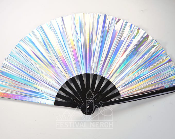 Iridescent Hand Fan XL Bamboo | Festival Merch | Vinyl Shimmer Clack Fan | EDM Rave accessories | Pride Festival | Holographic Ibiza Holiday