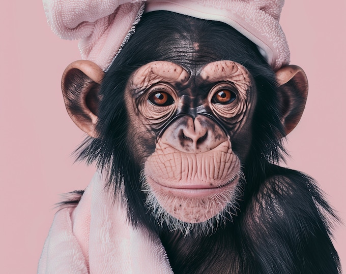 Funny Animal Wall Art Pink Monkey and towel out the Shower Bathroom print  - A4 A3 A2 - Festival Merch