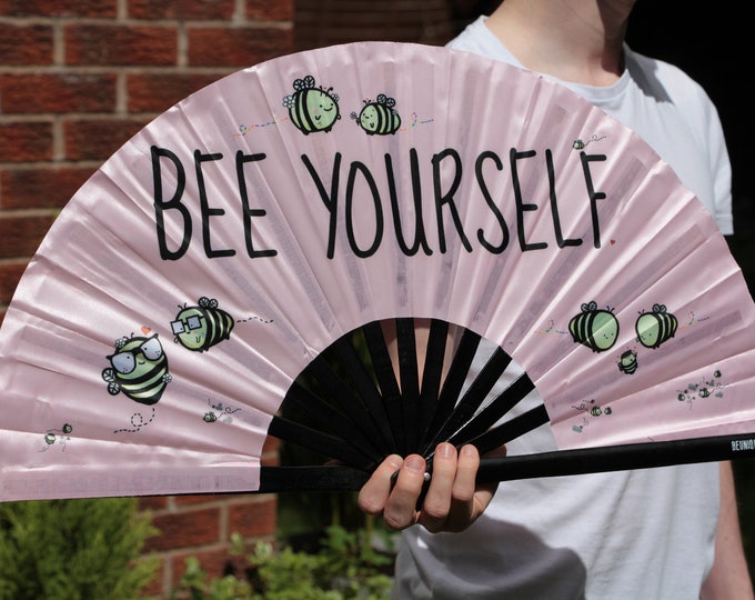 Hand Fan LARGE | Bumble Bee UV Fabric Hand Made - Rose Gold - Light Pink - Cute Bumble bee - Giant hand fan Manchester clack fan