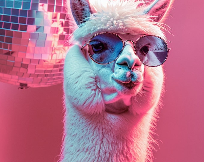 Funny Animal Wall Art Pink party Llama disco Llama with glasses - A4 A3 A2 - Festival Merch