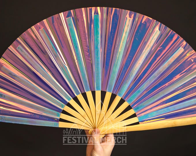 Iridescent Hand Fan XL Bamboo | Festival Merch | Vinyl Shimmer Clack Fan | EDM Rave accessories | Pride Festival | Holographic Ibiza Holiday