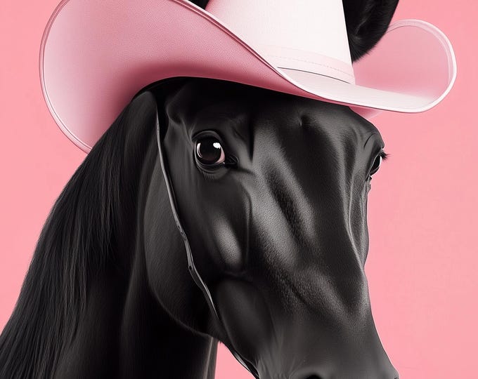 Funny Animal Wall Art Pink Horse wearing cowboy hat cowgirl hat Tropical - A4 A3 A2 - Festival Merch