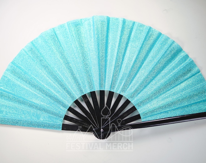 Iridescent Hand Fan XL Bamboo | Festival Merch | Vinyl Shimmer Clack Fan | EDM Rave accessories | Pride Festival | Holographic Ibiza Holiday