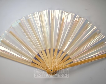 Iridescent Hand Fan XL Bamboo | Festival Merch | Vinyl Shimmer Clack Fan | EDM Rave accessories | Pride Festival | Holographic Ibiza Holiday