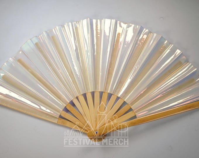 Iridescent Hand Fan XL Bamboo | Festival Merch | Vinyl Shimmer Clack Fan | EDM Rave accessories | Pride Festival | Holographic Ibiza Holiday