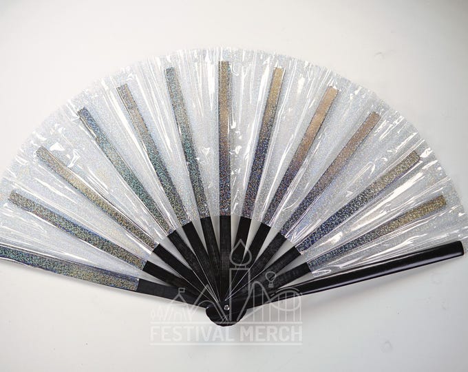Iridescent Hand Fan XL Bamboo | Festival Merch | Vinyl Shimmer Clack Fan | EDM Rave accessories | Pride Festival | Holographic Ibiza Holiday