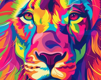 Lion Portrait Colourful Animal Wall Art Print - A4 A3 A2 - Festival Merch