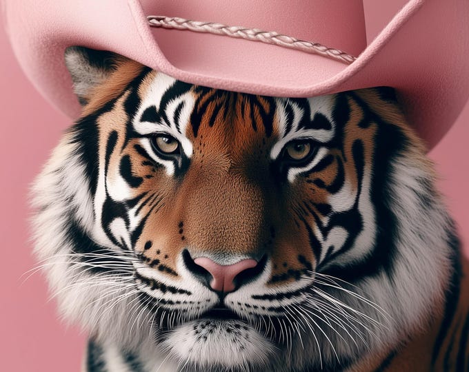 Funny Animal Wall Art Tiger wearing cowboy hat cowgirl hat Tropical - A4 A3 A2 - Festival Merch