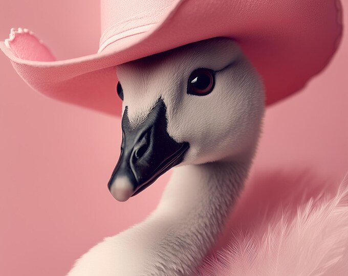 Funny Animal Wall Art Swan wearing cowboy hat cowgirl hat Tropical - A4 A3 A2 - Festival Merch