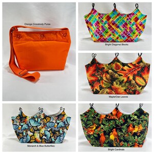May include: Four different fabric designs for a handmade tote bag. The designs are: Orange Crossbody Purse, Bright Diagonal Blocks, Maple/Oak Leaves, and Monarch & Blue Butterflies.