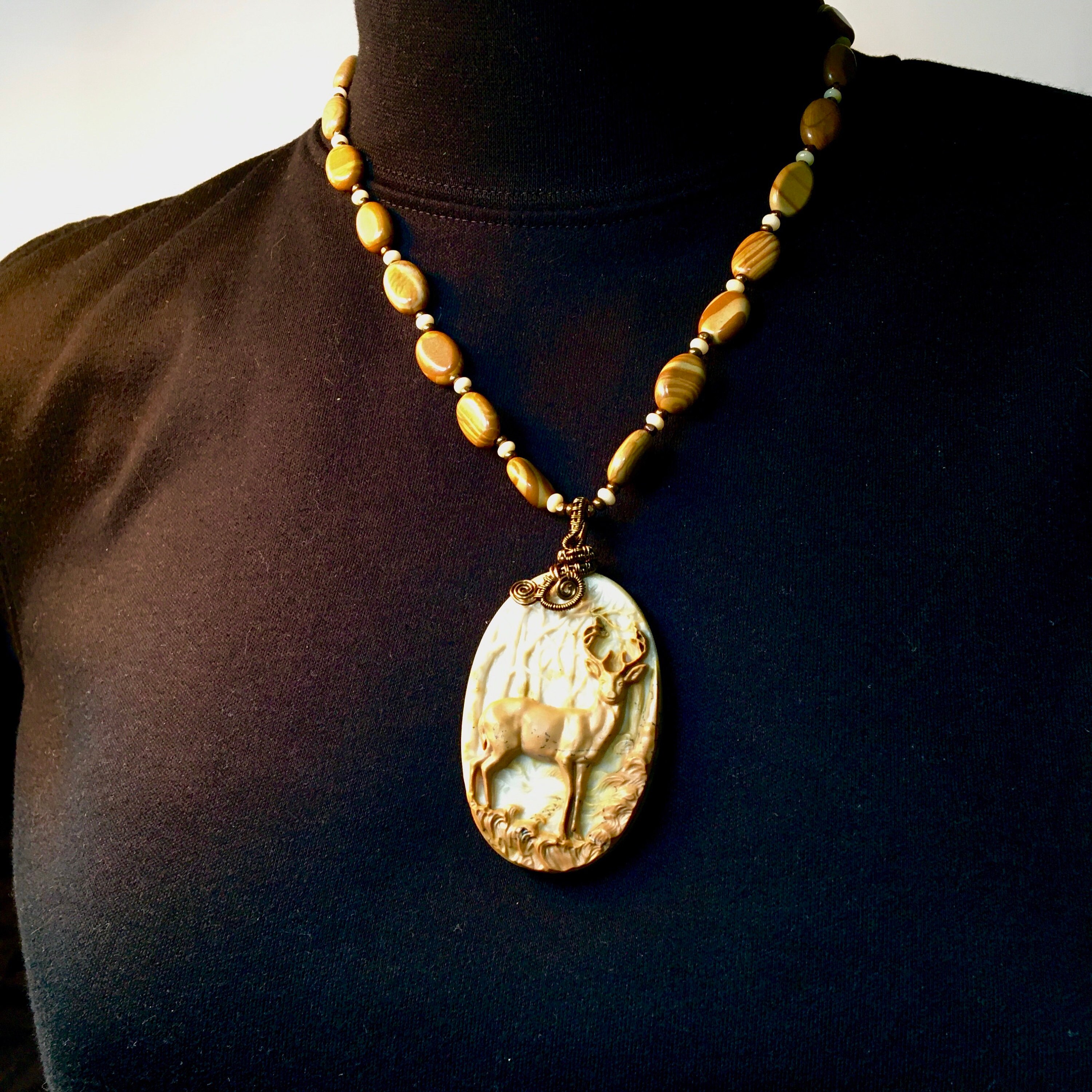 Ribbon Jasper Carved Deer Ribbon Jasper Necklace Set Etsy