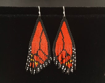 Monarch Butterfly Wings Hand Beaded Earrings, Beaded Butterfly Wings Earrings, Fringe Earrings, Long Dangle Earrings, Gift for Her