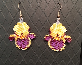 Beaded Iris Earrings, Handcrafted Iris Earrings, Hand Beaded Floral Earrings, Purple/Yellow Iris Earrings, Gift for Her