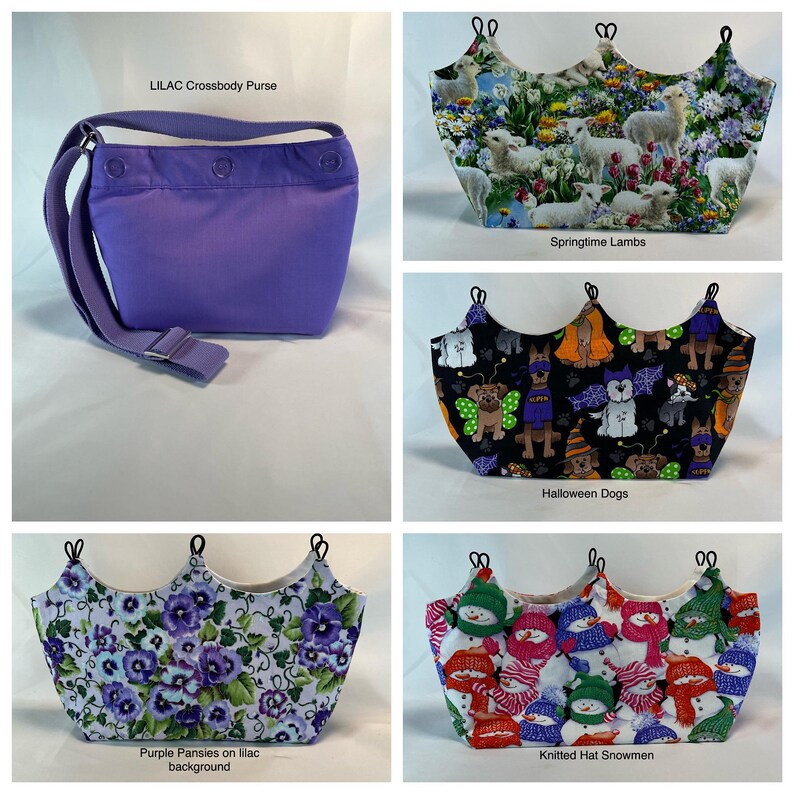 May include: Four different fabric bags with a crown shape and three loops at the top. The bags are decorated with different patterns: springtime lambs, Halloween dogs, purple pansies on a lilac background, and knitted hat snowmen. The bags are all made of fabric and have a crown shape.