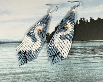 Egret Beaded Earrings, Bird Earrings, Southwestern Earrings, Fringe Earrings, Fantasy Earrings