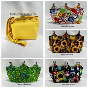 May include: Four different fabric designs for a crown-shaped tote bag. The designs are: Sunflower Yellow Crossbody Purse, Beach Umbrellas, Fall Sunflowers, and Peacock Feathers.