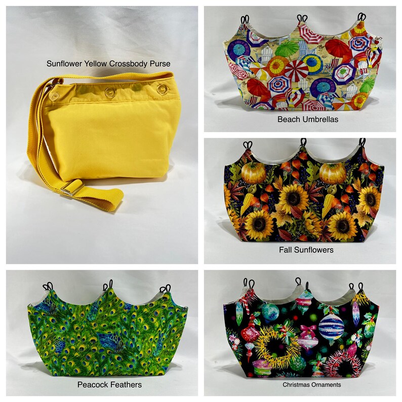 May include: Four different fabric designs for a crown-shaped tote bag. The designs are: Sunflower Yellow Crossbody Purse, Beach Umbrellas, Fall Sunflowers, and Peacock Feathers.