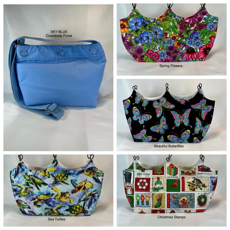 May include: Four different fabric designs for a hanging bird feeder. The designs are: Spring Flowers, Beautiful Butterflies, Sea Turtles, and Christmas Stamps.