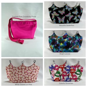 May include: Four different fabric bags with various designs. The bags are all in the shape of a crown with three points. The designs are: white daisies on pink, colourful snowmen, bright leaves, and beautiful butterflies.