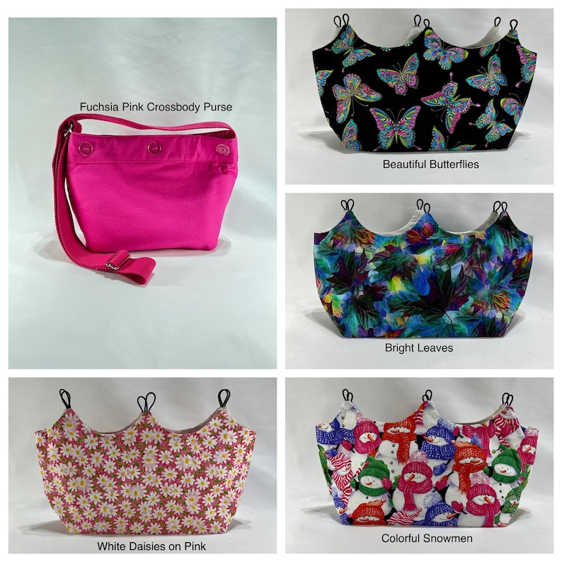 May include: Four different fabric bags with various designs. The bags are all in the shape of a crown with three points. The designs are: white daisies on pink, colourful snowmen, bright leaves, and beautiful butterflies.