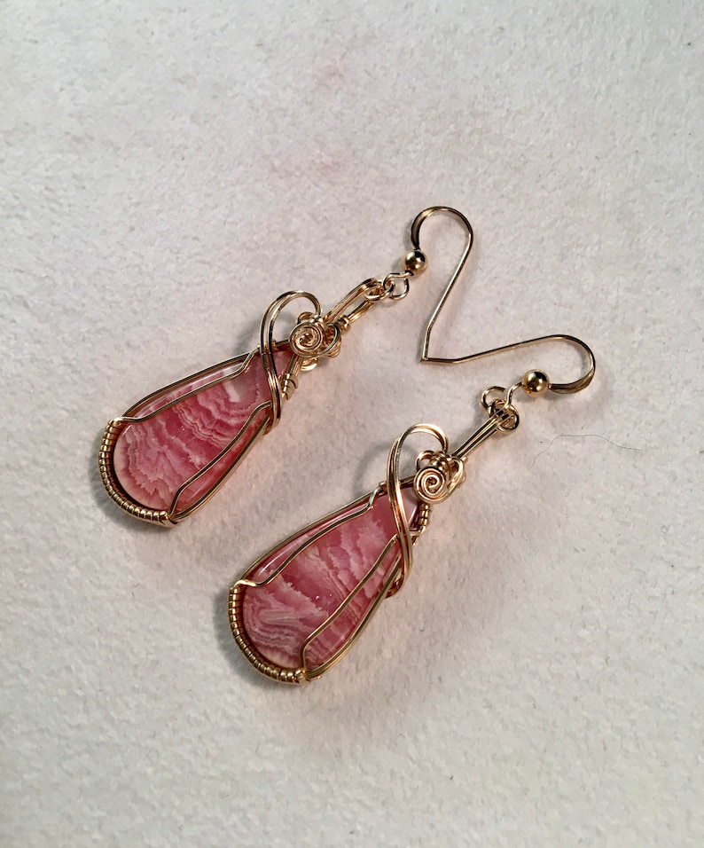 Gift for Her Rhodochrosite Teardrop Earrings Rhodochrosite Gemstone Earrings Rhodochrosite Wire Wrapped Earrings