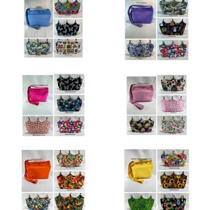 May include: A collection of 10 different fabric pouches with a crown-shaped top. The pouches are in various colours and patterns, including butterflies, flowers, and geometric designs. The pouches are all made of fabric and have a drawstring closure.