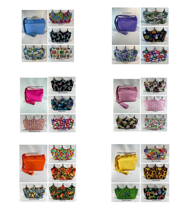 May include: A collection of 10 different fabric pouches with a crown-shaped top. The pouches are in various colours and patterns, including butterflies, flowers, and geometric designs. The pouches are all made of fabric and have a drawstring closure.