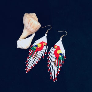 Parrot Fringe Dangle Earrings, Handcrafted Beaded Earrings, Fringed Earrings, Boho Style Earrings, Brick Stitch Earrings, Gift for Her