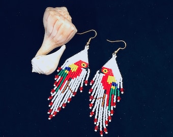 Parrot Fringe Dangle Earrings, Handcrafted Beaded Earrings, Fringed Earrings, Boho Style Earrings, Brick Stitch Earrings, Gift for Her