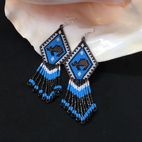 Zuni Bear Beaded Fringe Earrings, Native American Style Earrings, BoHo Tribal Earrings, Fringe Earrings, Hand Beaded Earrings, Gift for Her