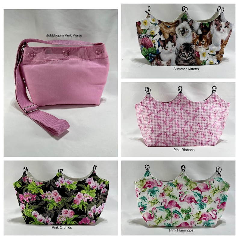 May include: Four different fabric bags with crown-shaped tops. The bags are pink with a bubblegum pink purse, pink with a summer kittens print, pink with pink ribbons, and black with pink orchids. The bags are all approximately 25 cm wide and 15 cm tall.