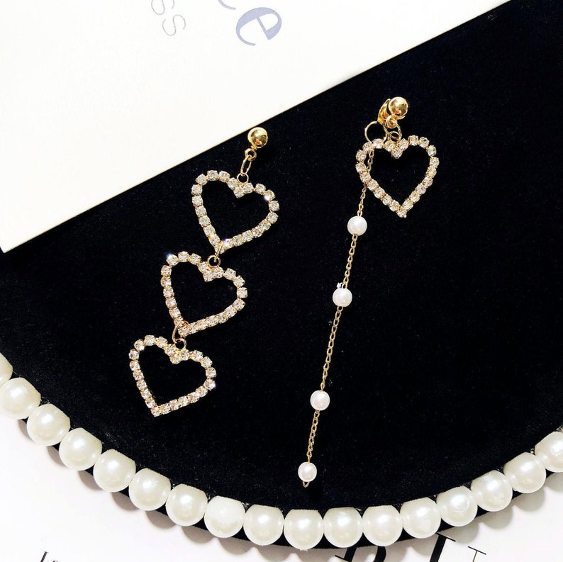 Gift for her Gold Earrings Asymmetrical Love Heart Earrings Jewellery Gifts Pearl Earring Dangle Earring Drop Earring Silver Earrings