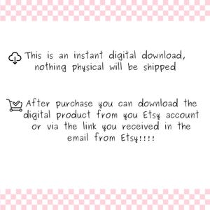 Puede incluir: Fondo blanco con borde a cuadros rosa y blanco. El texto en negro dice: "Esta es una descarga digital instant&aacute;nea, no se enviar&aacute; nada f&iacute;sico." y "Despu&eacute;s de la compra, puede descargar el producto digital desde su cuenta de Etsy o a trav&eacute;s del enlace que recibi&oacute; en el correo electr&oacute;nico de Etsy!!!!"