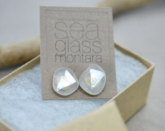 Clear Sea Glass Studs, Gold Stud Earrings, Silver Leaf Decoupage Studs, Handmade Sea Glass Jewelry, Sea Glass Earrings, Silver Jewelry