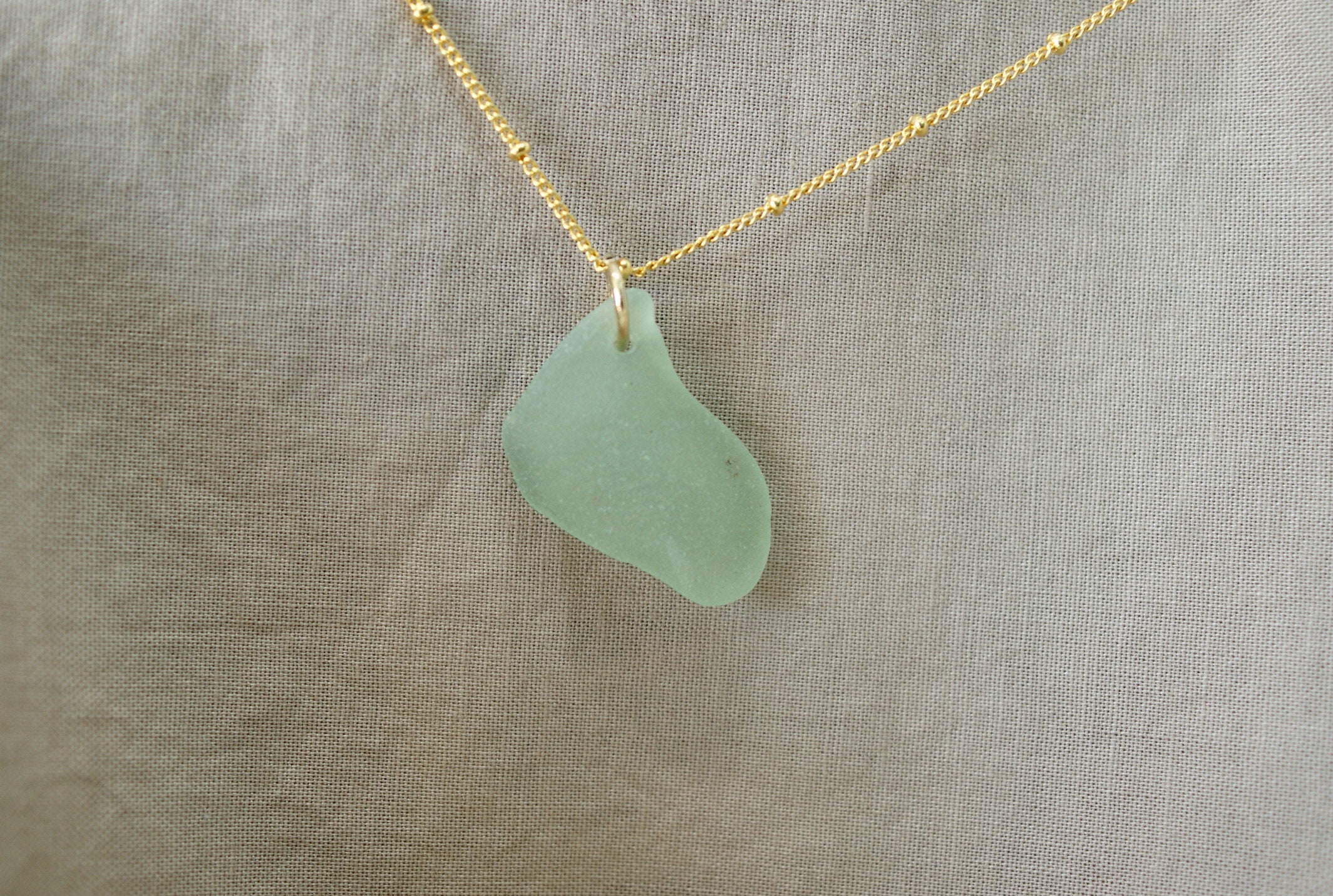Light Green Sea Glass Necklace Gold Plated Satellite Chain | Etsy
