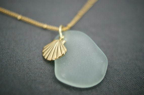 Large Sea Glass Necklace, Light Blue Sea Glass Necklace, Gold
