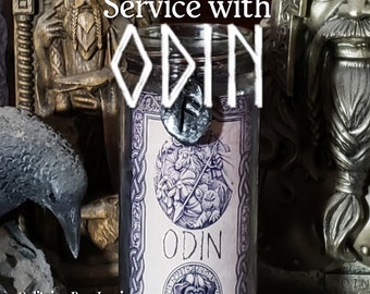May include: A candle burning service with Odin. The candle is in a glass jar with a white label featuring a detailed illustration of Odin, the Norse god of wisdom, poetry, death, and magic. The label also includes the text "Odin" and a runic symbol.